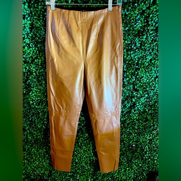 ZARA Women's Medium Faux Leather Ankle Pants Zip High Waisted Brown Leggings - Picture 1 of 12